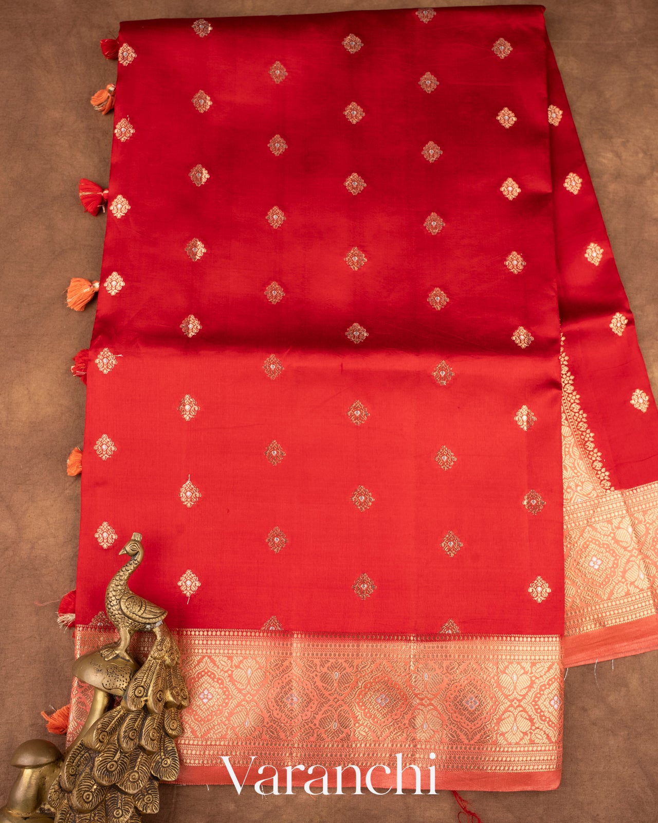 Bright Red Pure Dupion Silk Saree