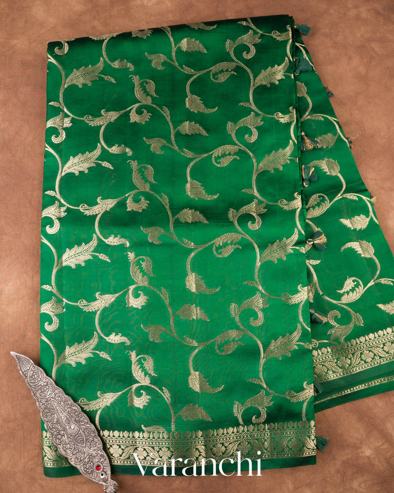 Emerald Green Floral Brocade Pure Dupion Silk Saree