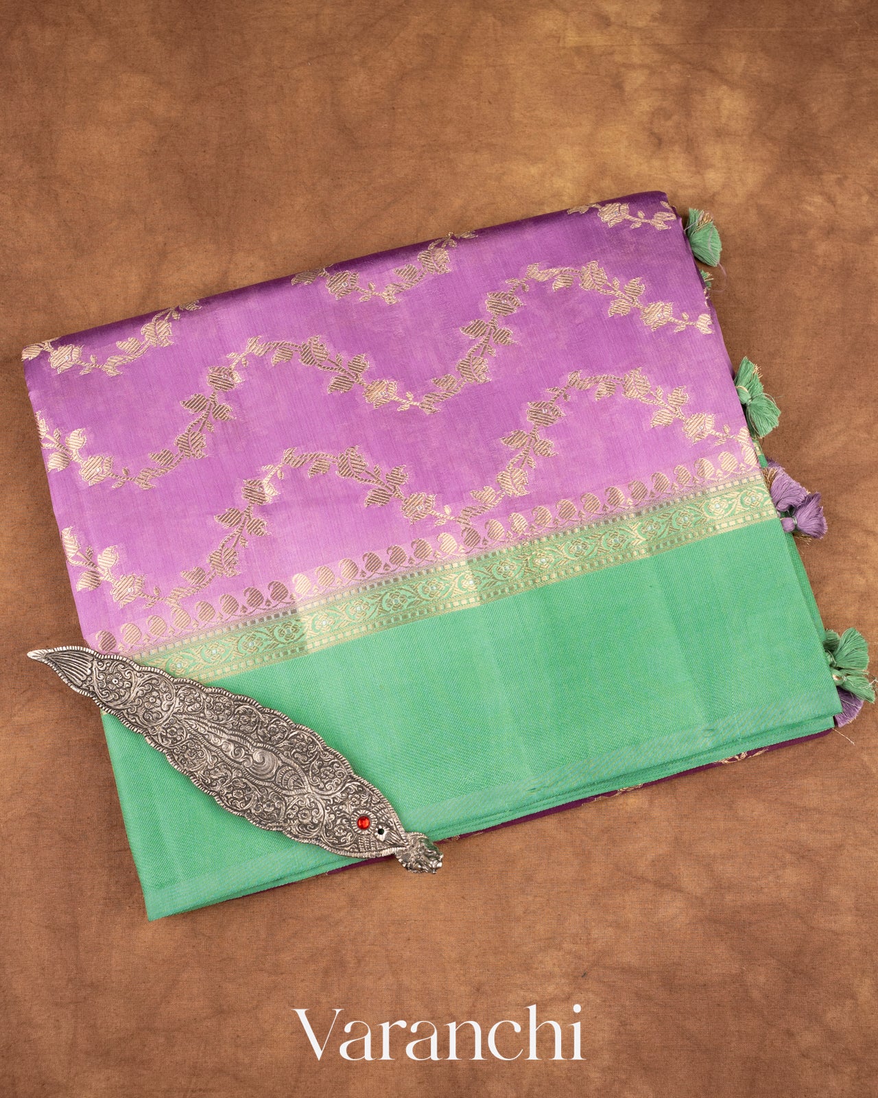 Lavender Creeper Design Pure Dupion Silk Saree
