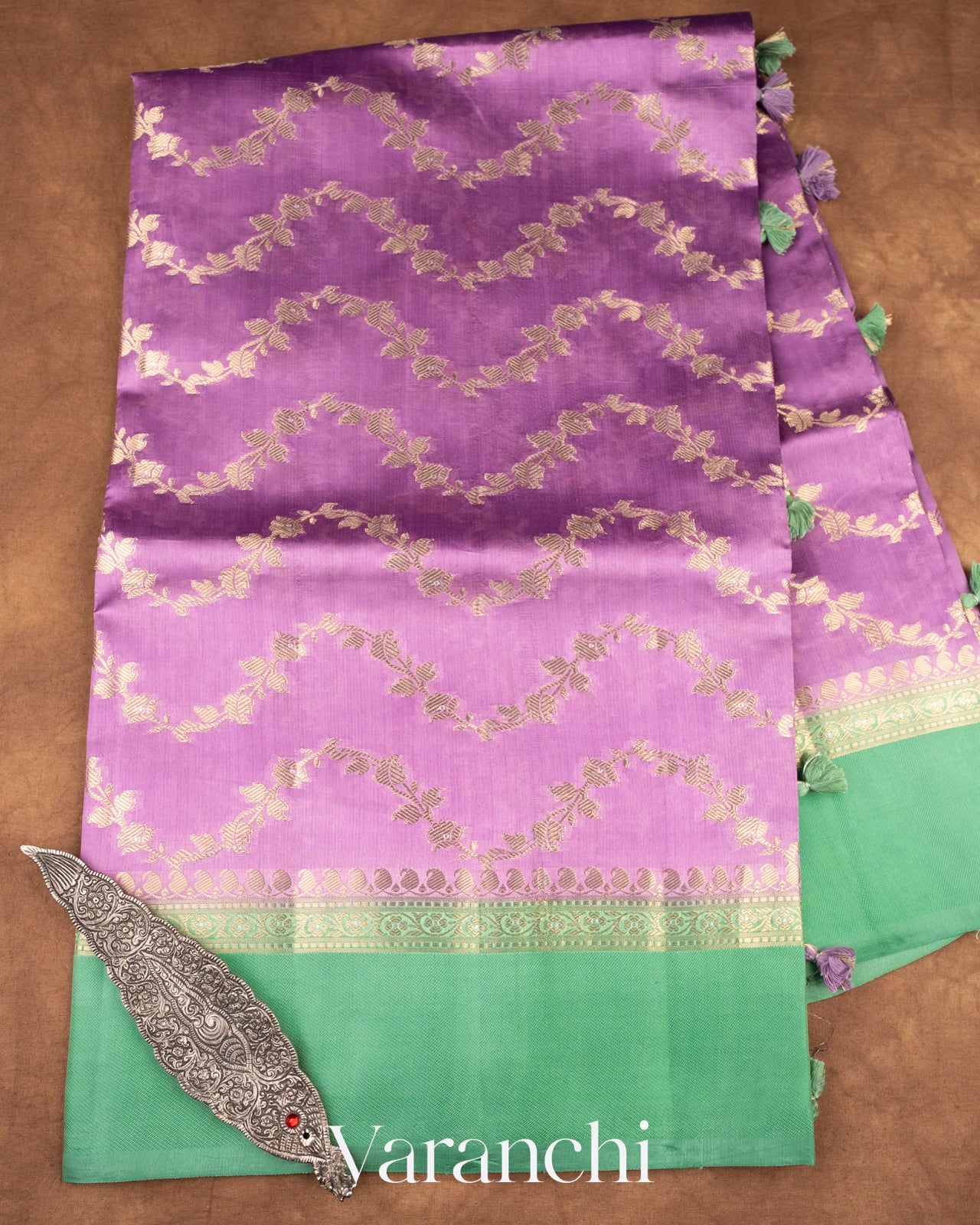 Lavender Creeper Design Pure Dupion Silk Saree