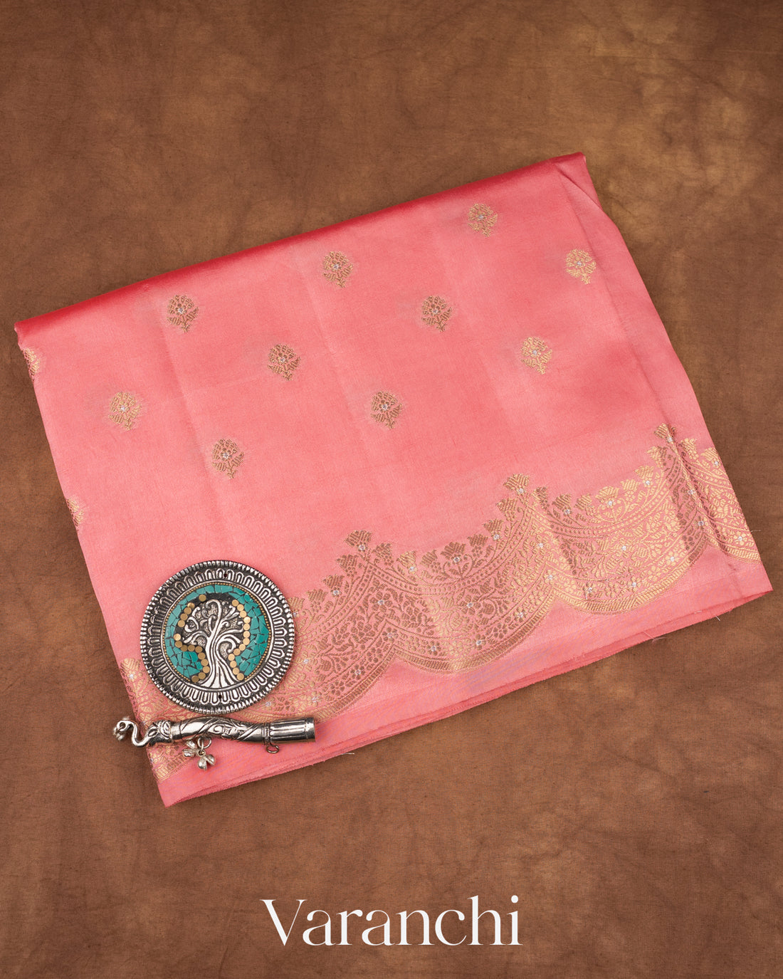 Blush Pink Reverse Scalloped Border Pure Dupion Silk Saree