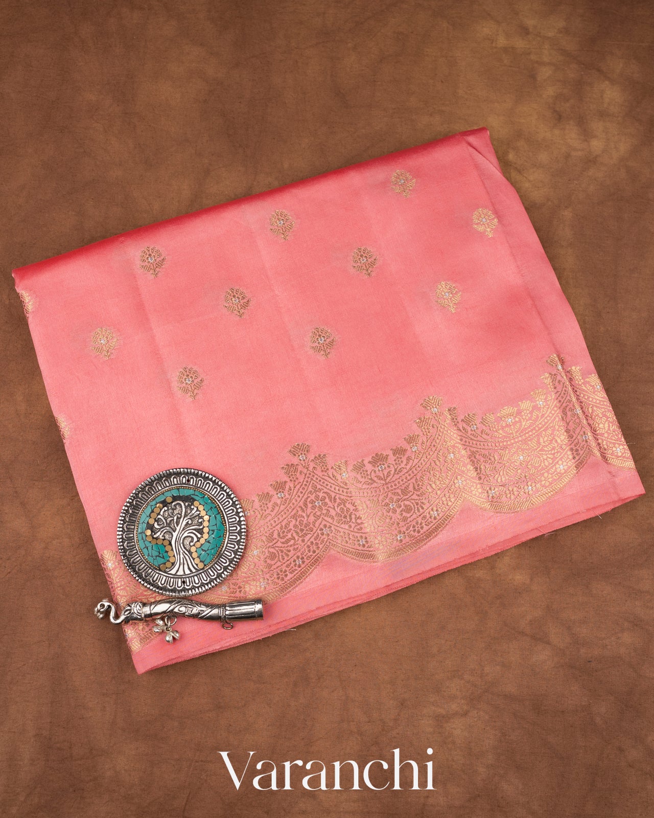 Blush Pink Reverse Scalloped Border Pure Dupion Silk Saree