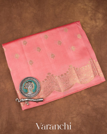 Blush Pink Reverse Scalloped Border Pure Dupion Silk Saree