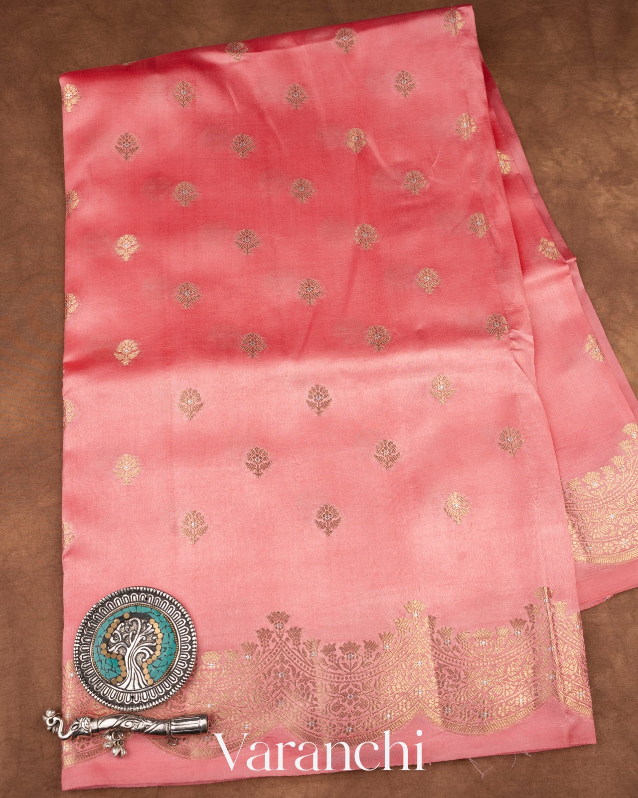 Blush Pink Reverse Scalloped Border Pure Dupion Silk Saree
