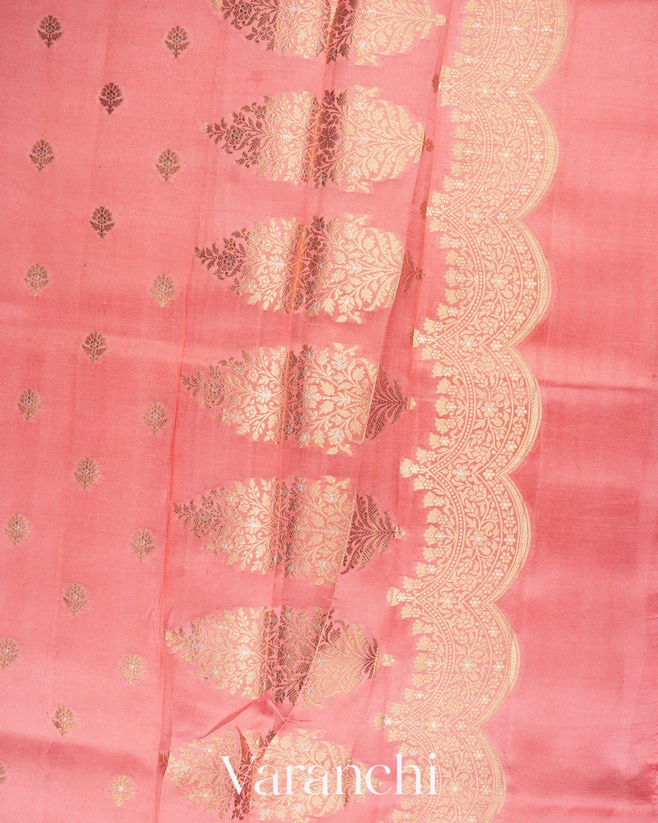 Blush Pink Reverse Scalloped Border Pure Dupion Silk Saree