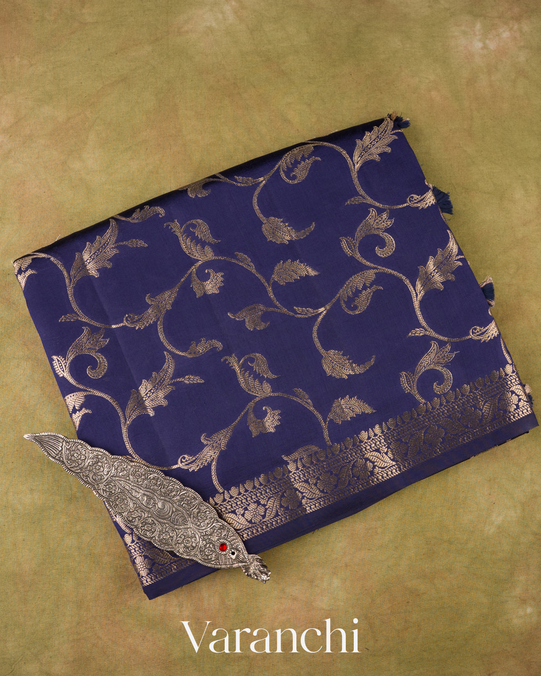 Royal Navy Floral Brocade Pure Dupion Silk Sare