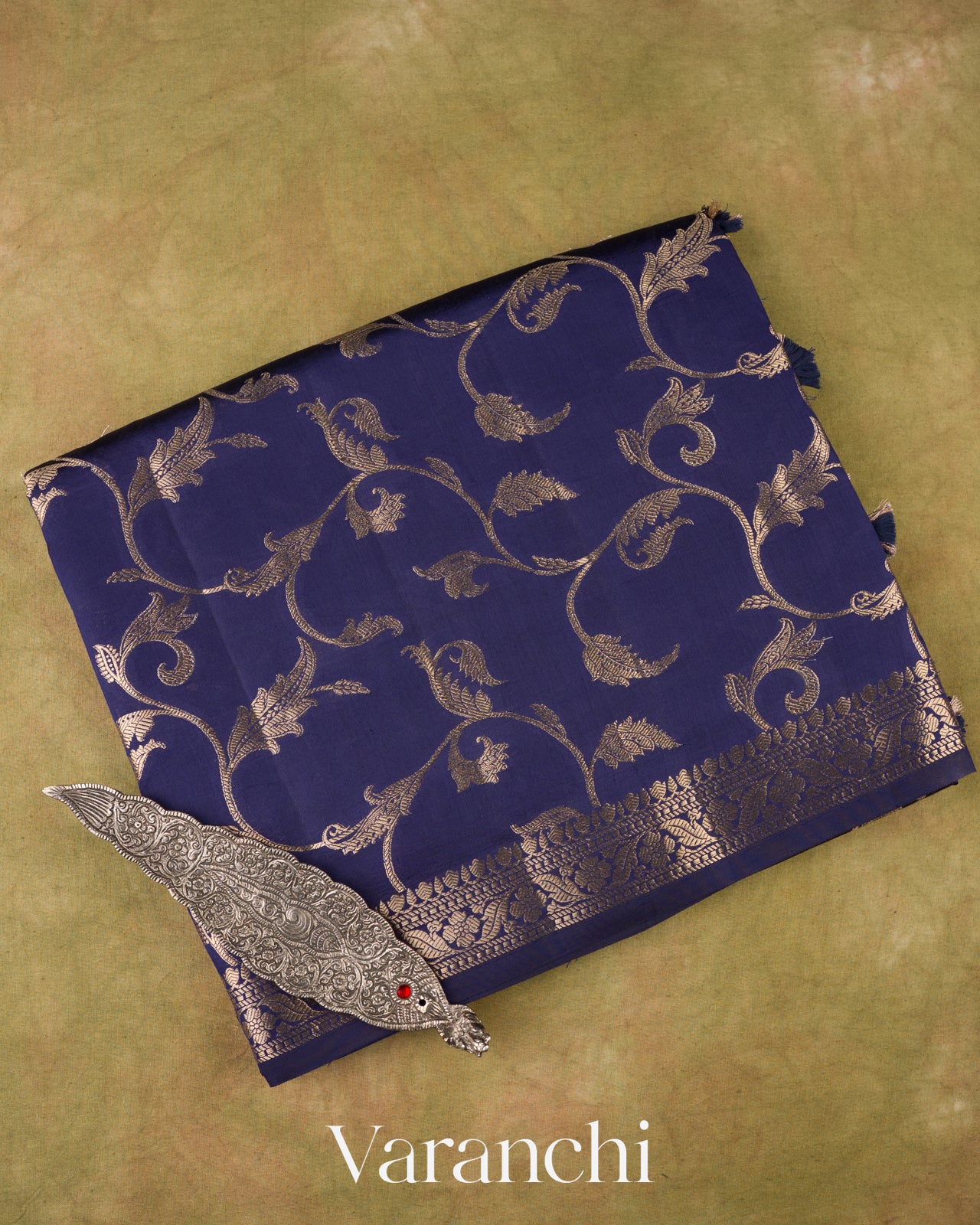 Royal Navy Floral Brocade Pure Dupion Silk Sare