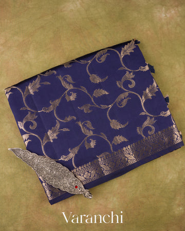 Royal Navy Floral Brocade Pure Dupion Silk Sare