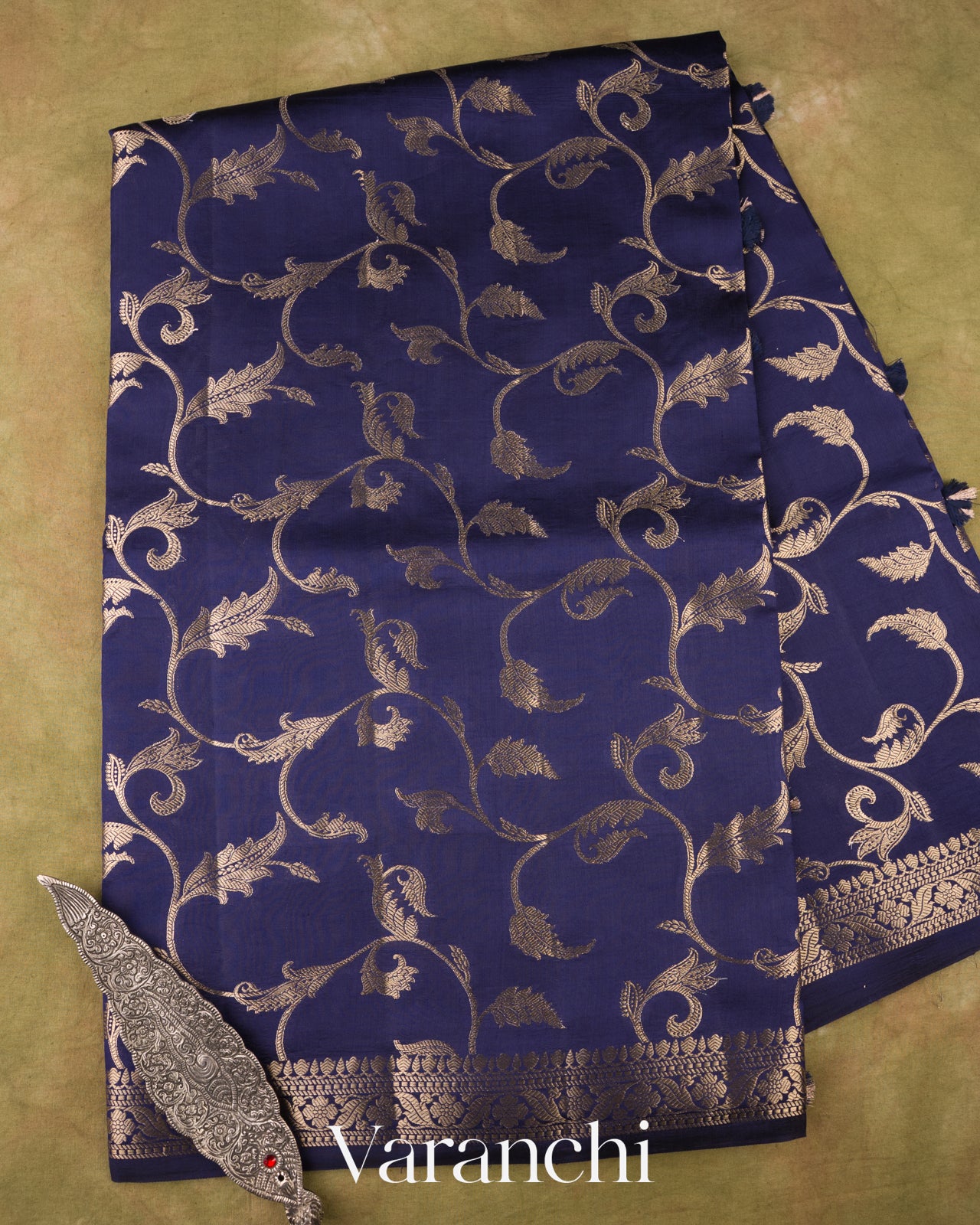 Royal Navy Floral Brocade Pure Dupion Silk Sare