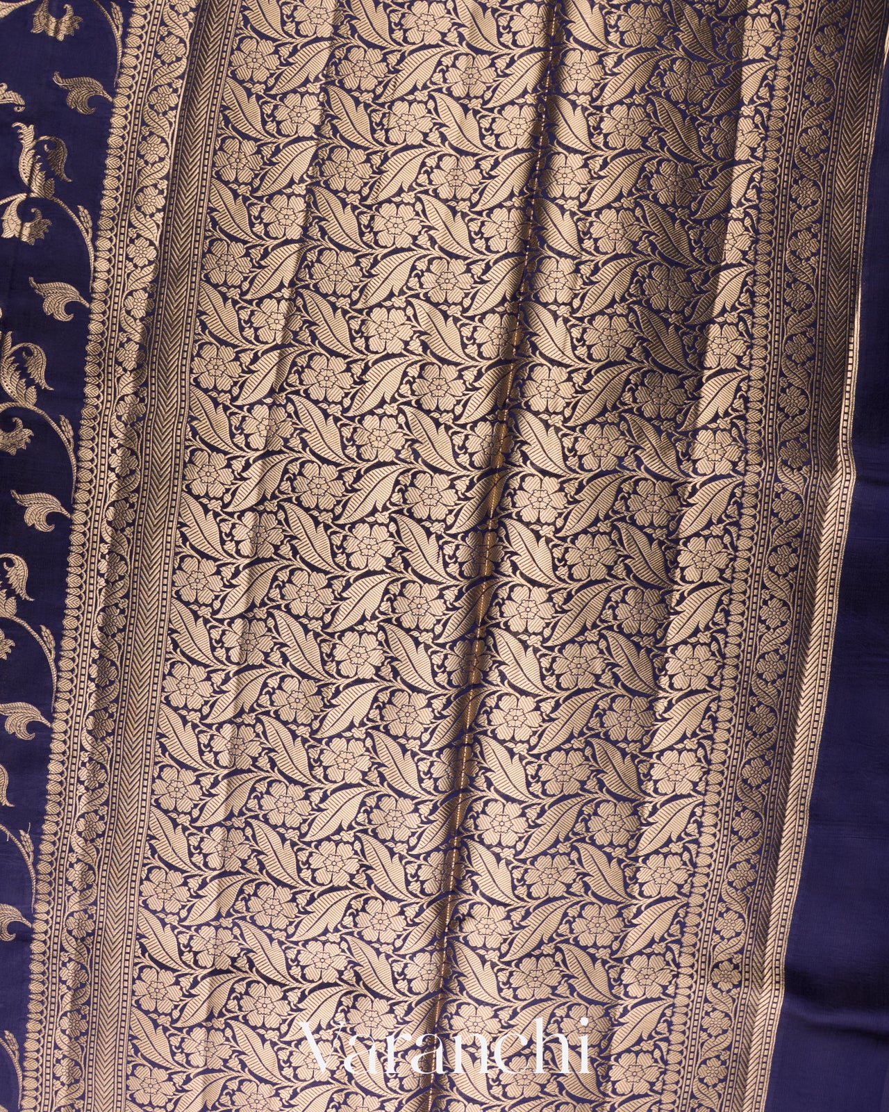 Royal Navy Floral Brocade Pure Dupion Silk Sare