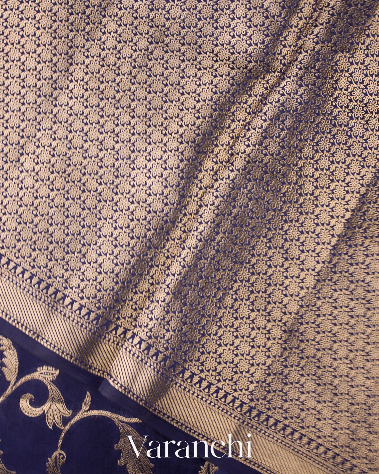 Royal Navy Floral Brocade Pure Dupion Silk Sare