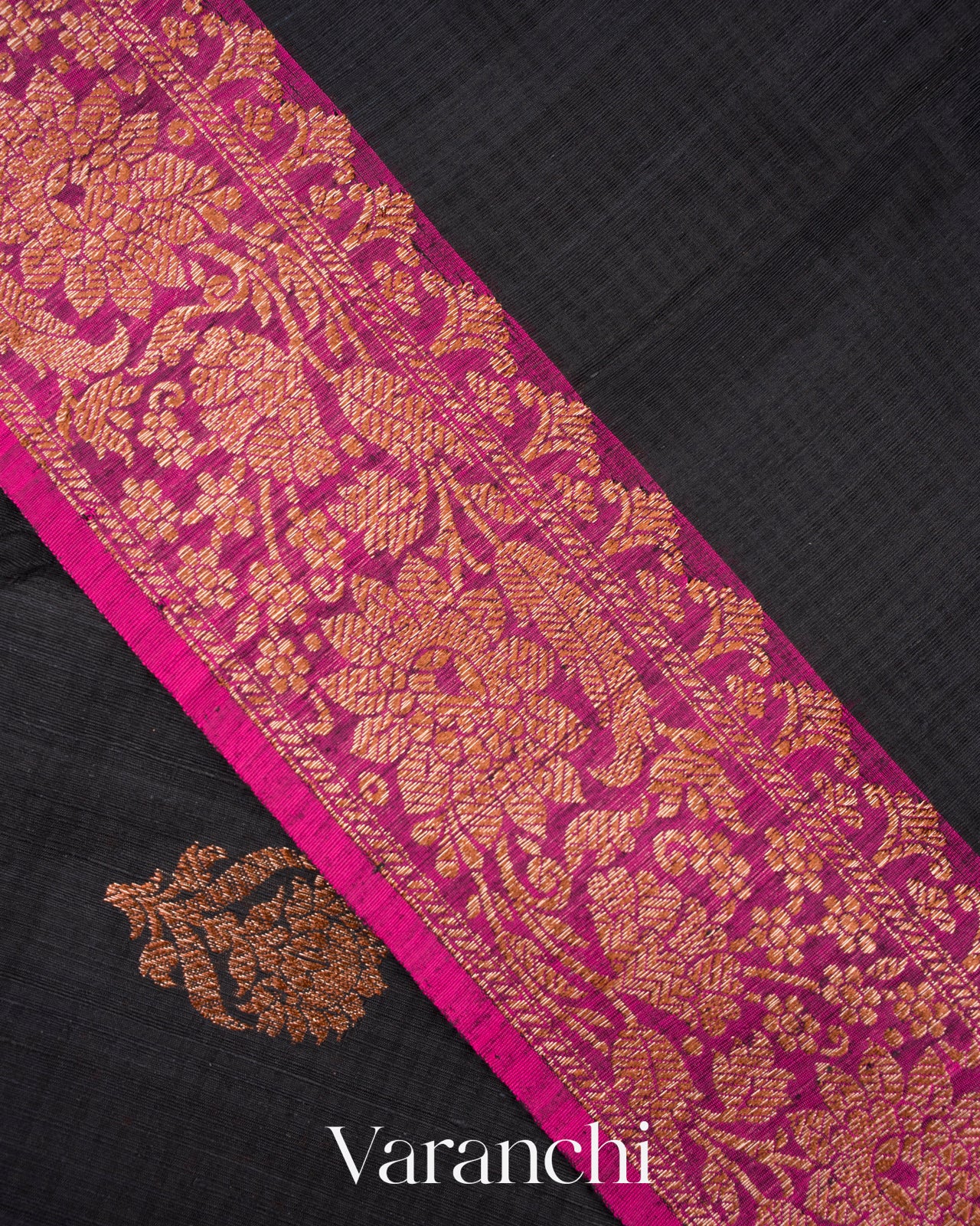 Jet Black Pure Dupion Silk Handloom Saree