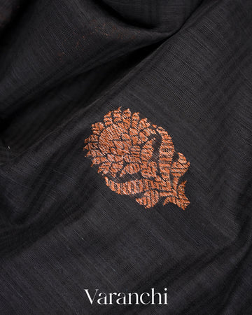 Jet Black Pure Dupion Silk Handloom Saree