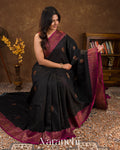 Jet Black Pure Dupion Silk Handloom Saree