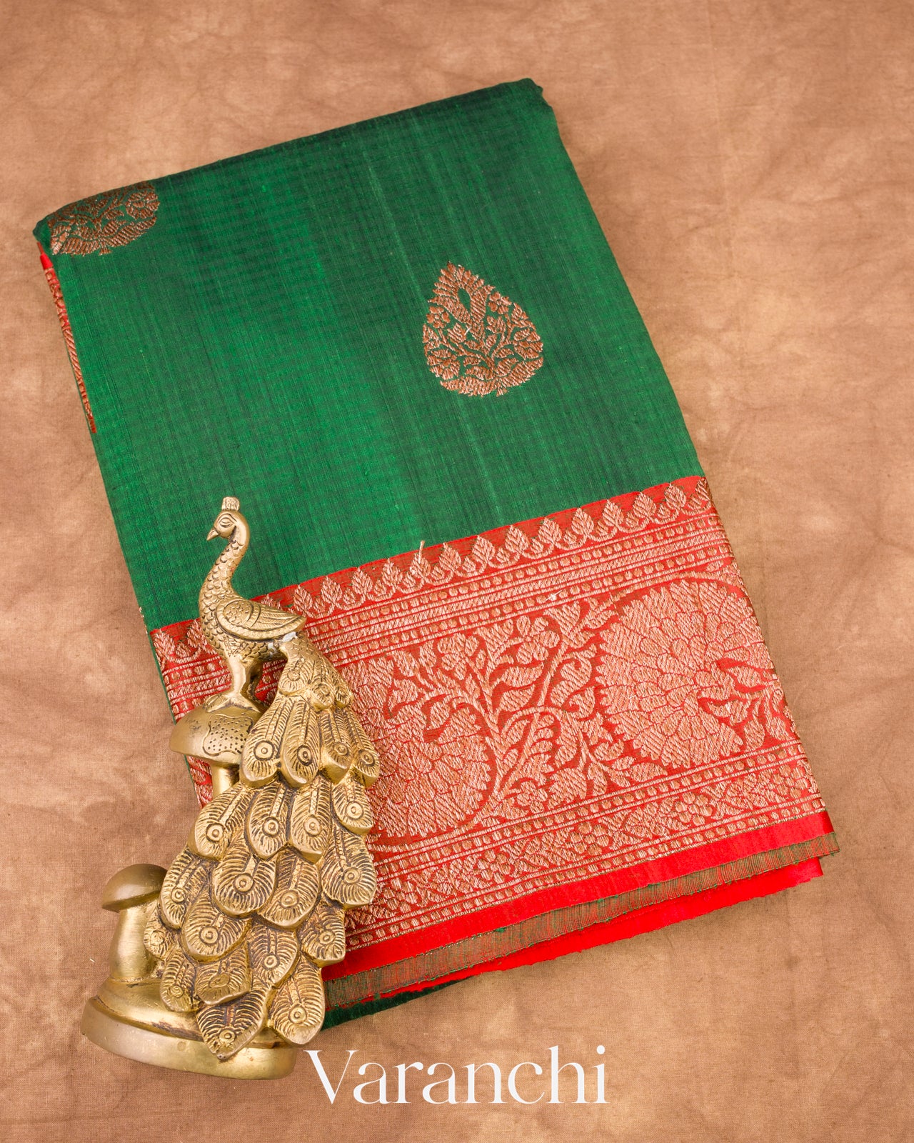 Bottle Green Pure Dupion Silk Handloom Saree