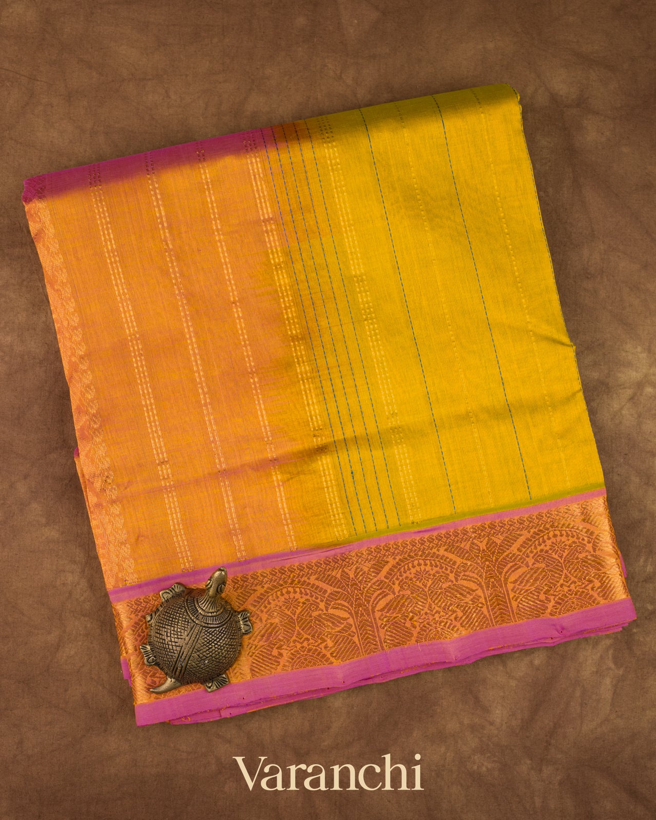 Mango Yellow Striped Pure Kanchipuram Silk Cotton Handloom Saree