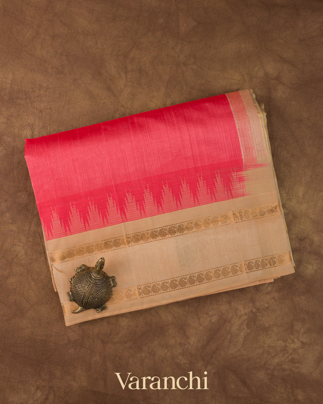 Coral Pink Pure Kanchipuram Silk Cotton Handloom Saree 