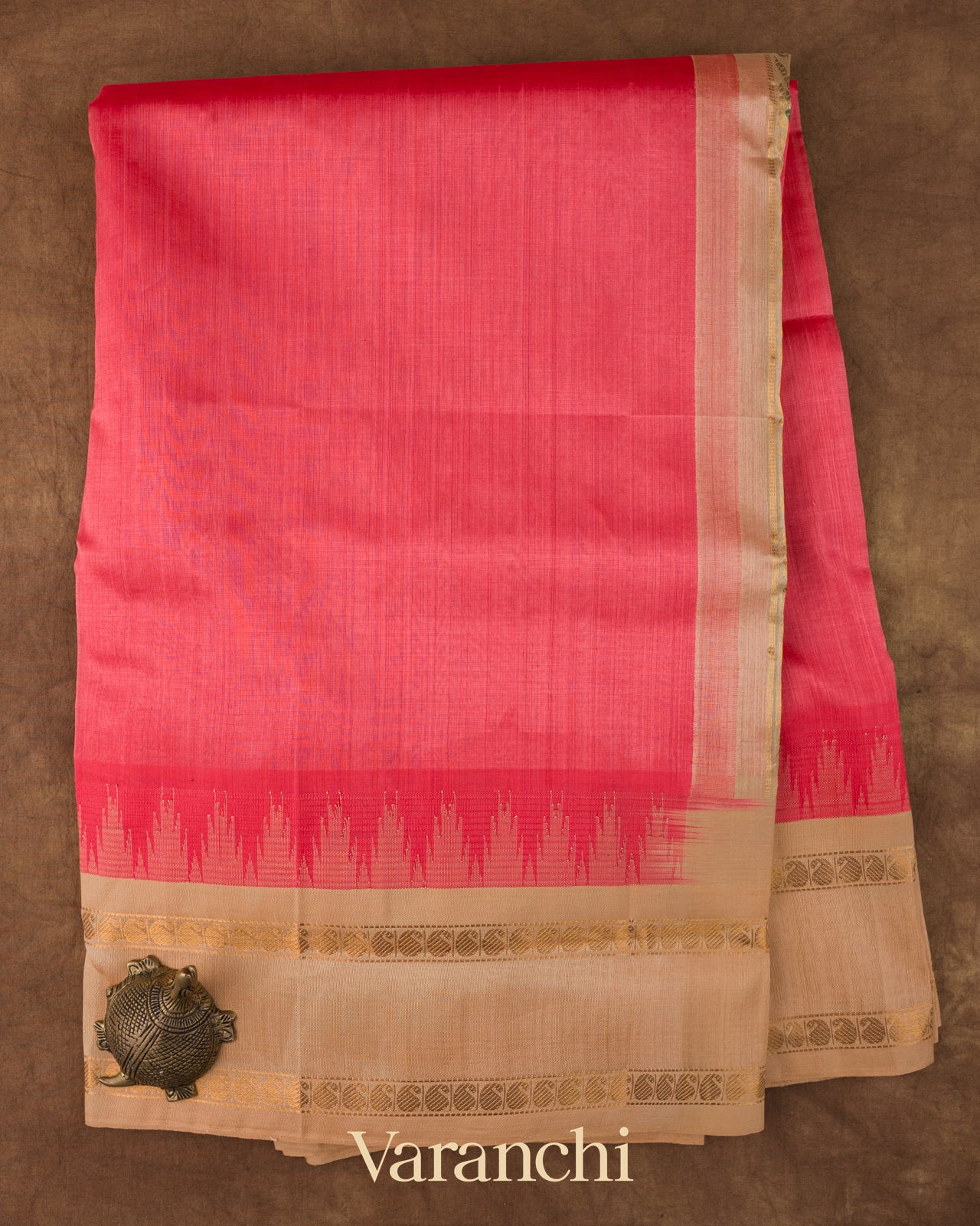 Coral Pink Pure Kanchipuram Silk Cotton Handloom Saree 