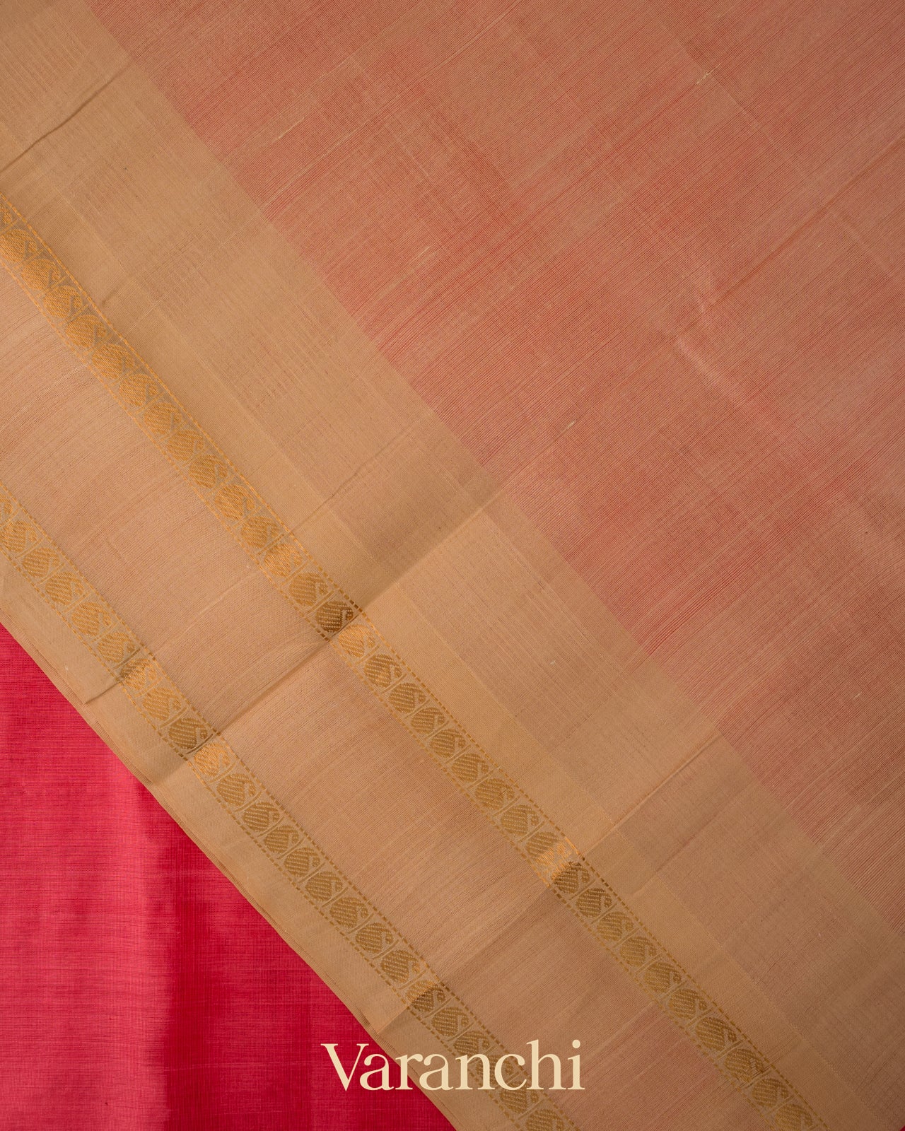Coral Pink Pure Kanchipuram Silk Cotton Handloom Saree 