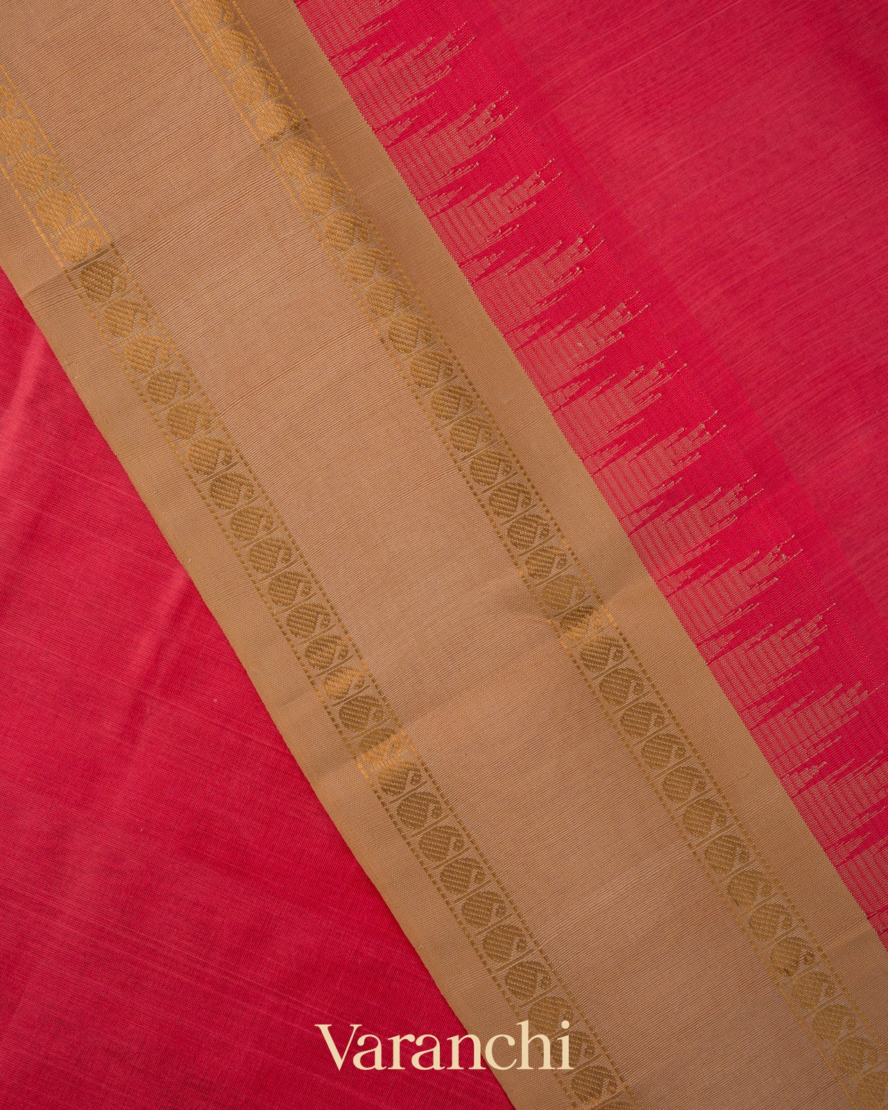 Coral Pink Pure Kanchipuram Silk Cotton Handloom Saree 
