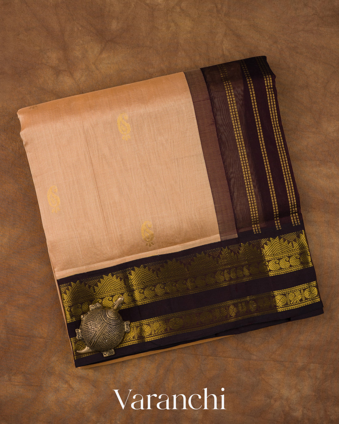 Peach Beige Pure Kanchipuram Silk Cotton Handloom Saree 