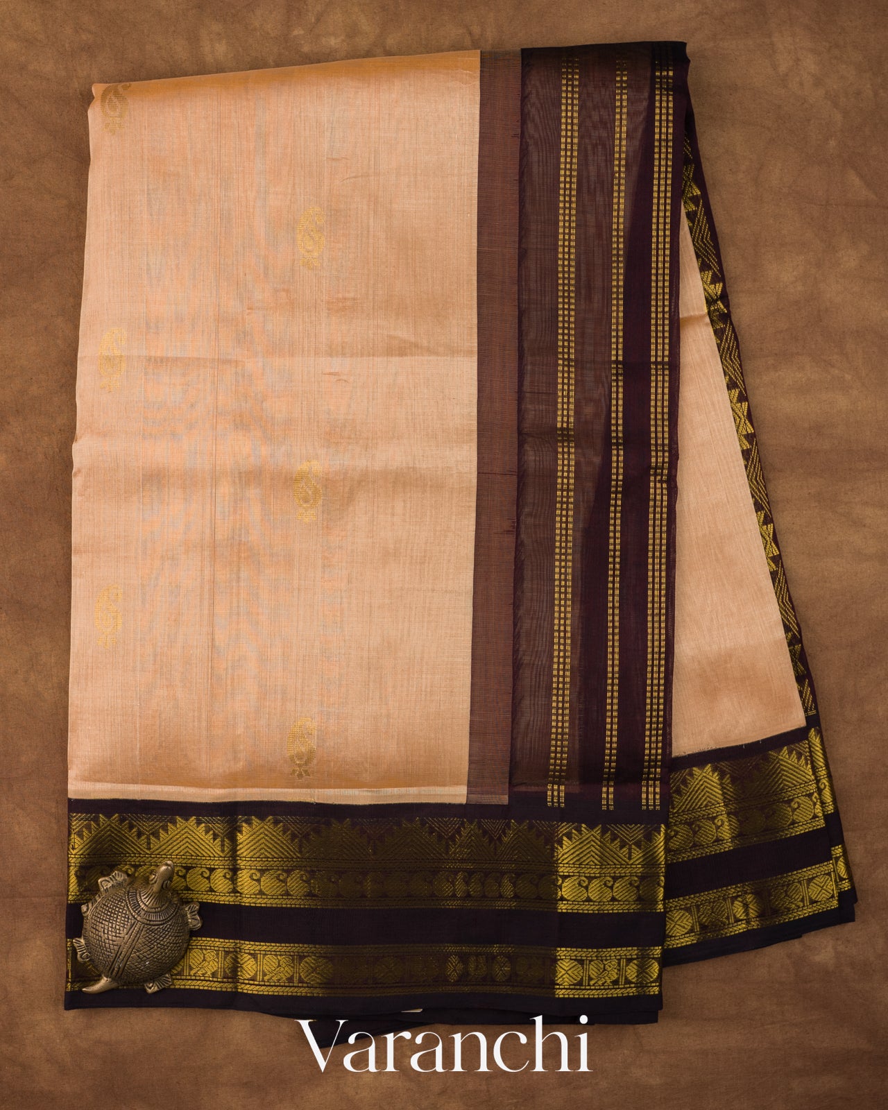 Peach Beige Pure Kanchipuram Silk Cotton Handloom Saree 