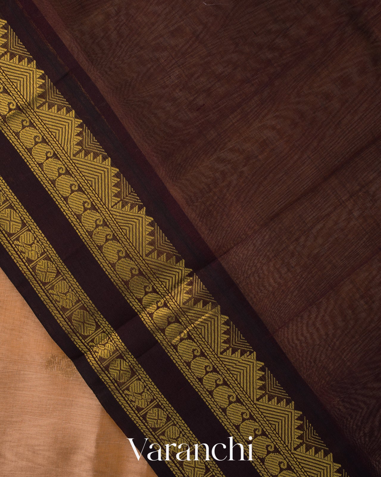 Peach Beige Pure Kanchipuram Silk Cotton Handloom Saree 
