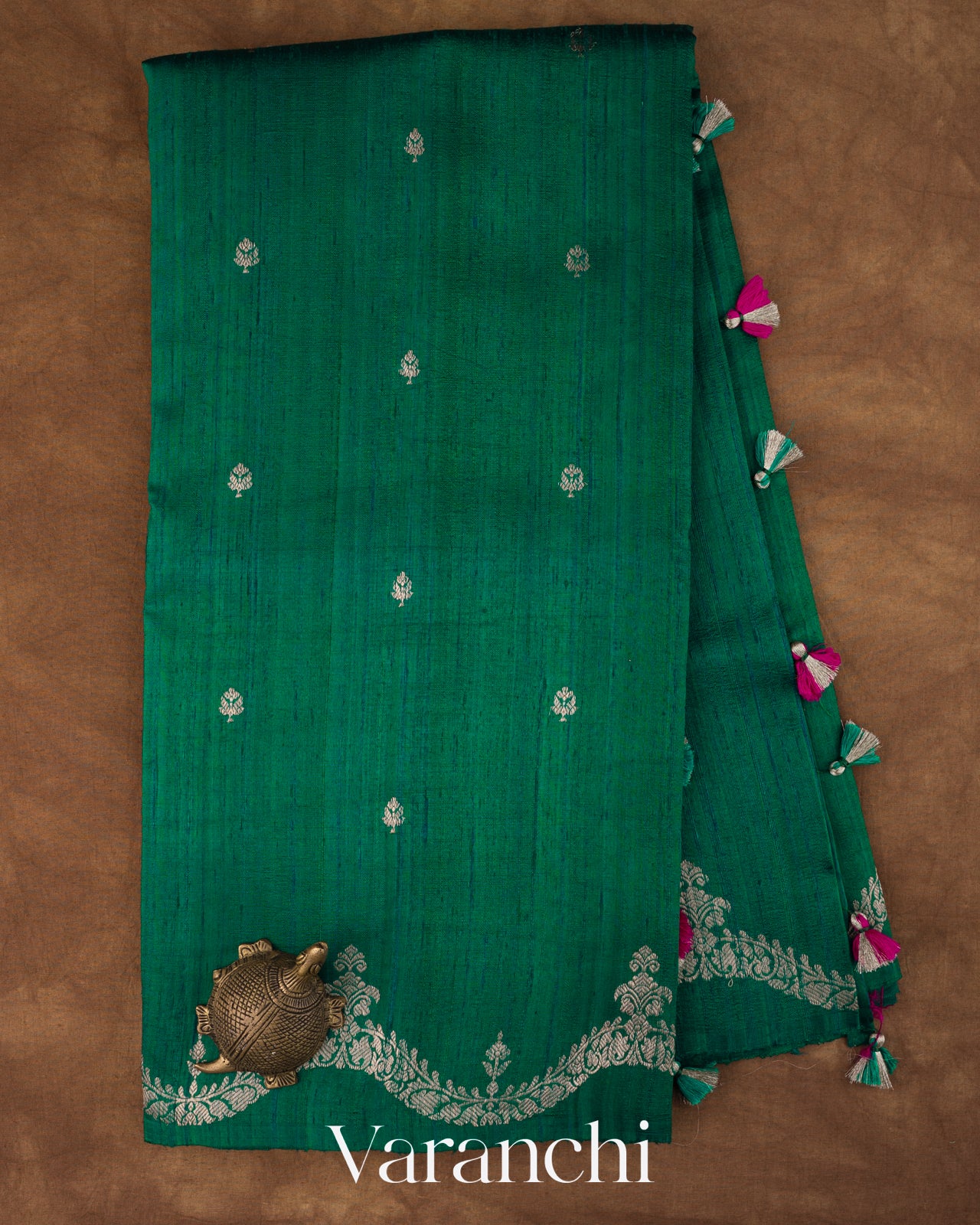 Emarald Green Pure Raw Silk Handloom Saree 