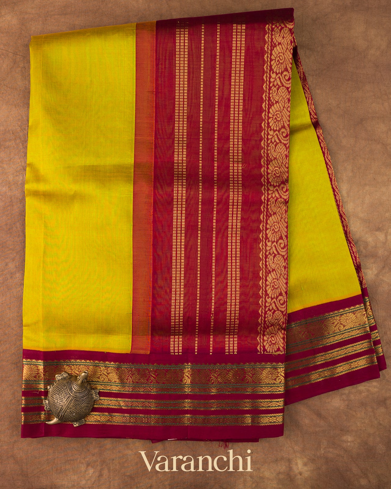 Golden Olive Pure Kanchipuram Silk Cotton Handloom Saree