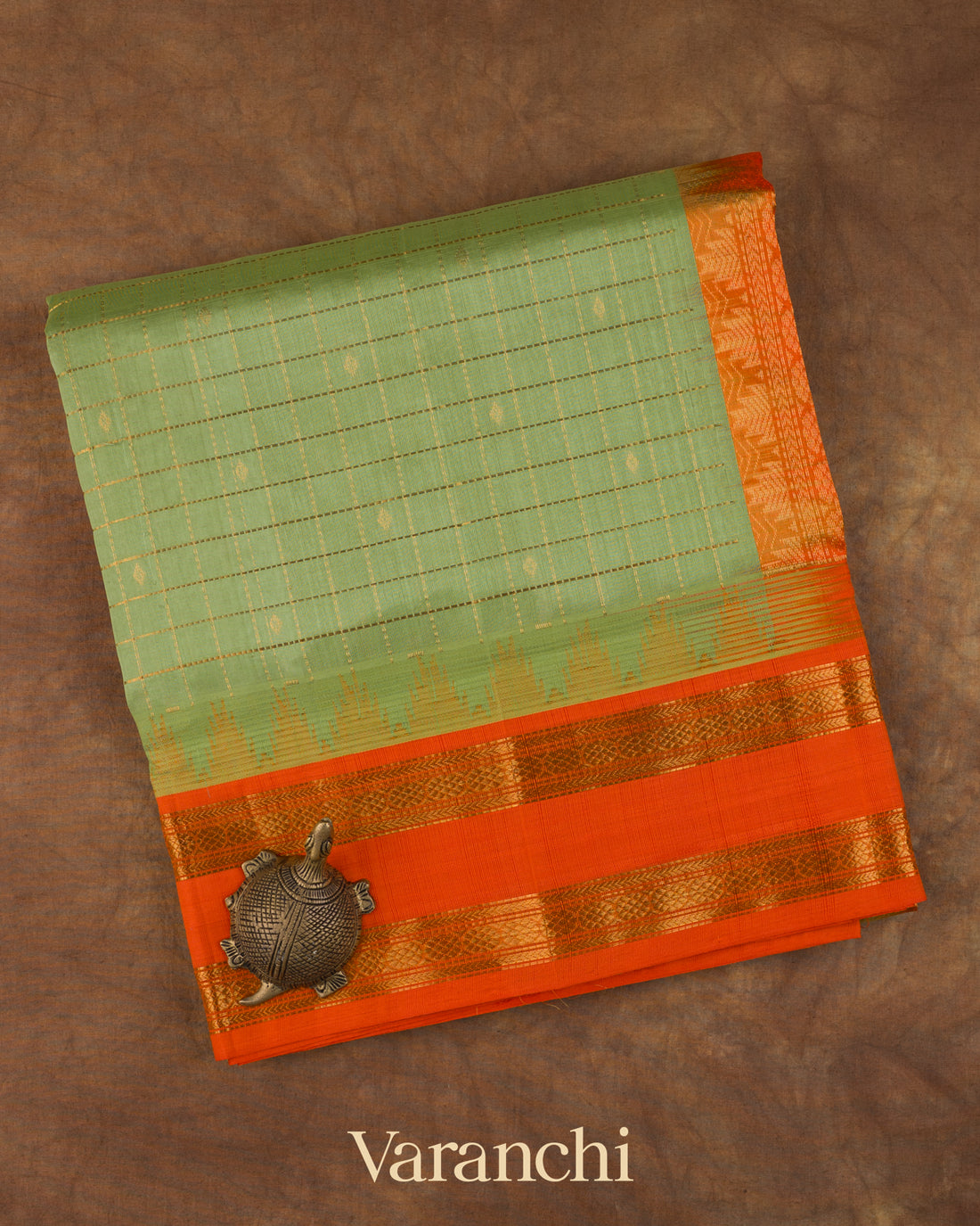 Pista Green Checkerd Pure Kanchipuram Silk Cotton Handloom Saree