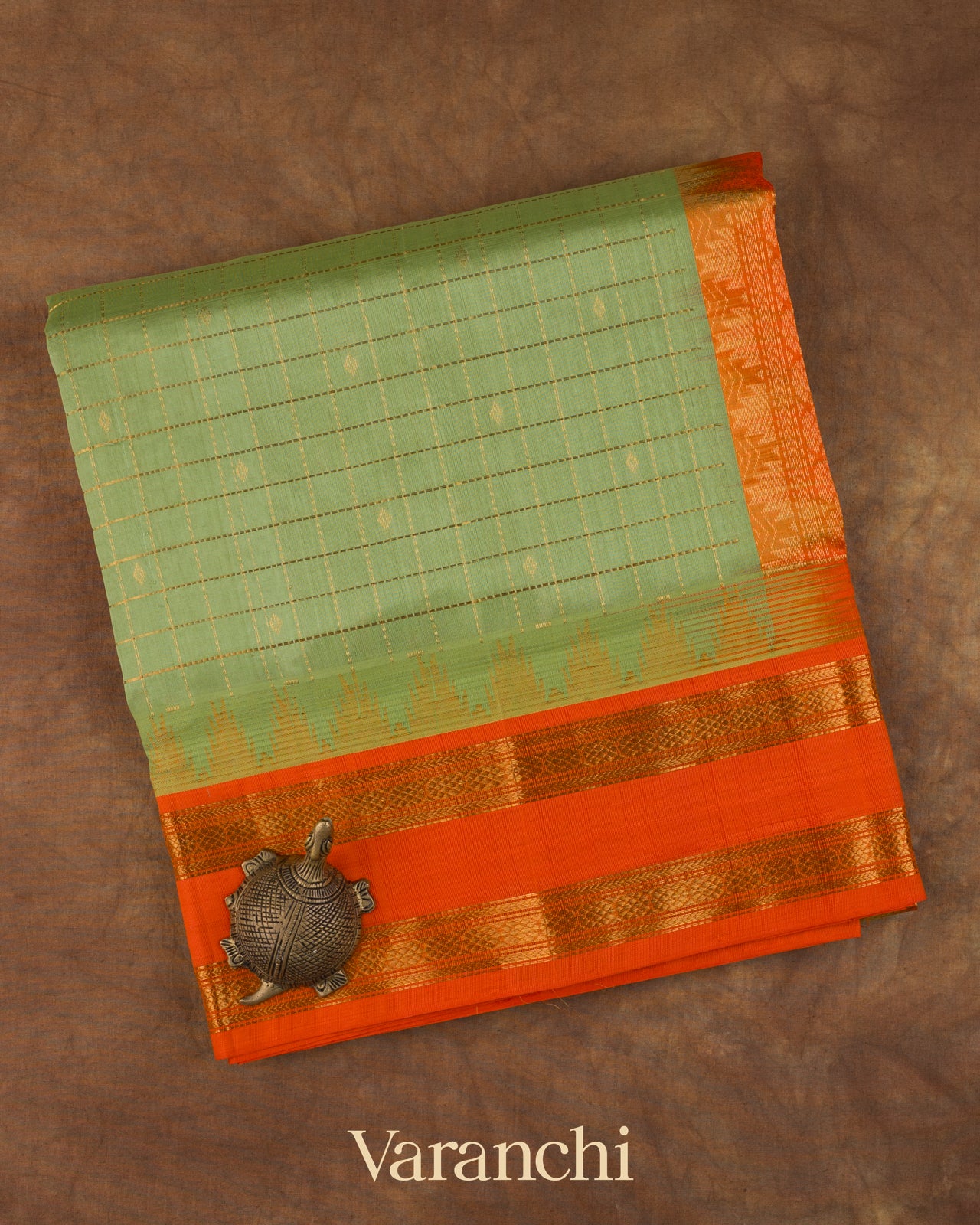 Pista Green Checkerd Pure Kanchipuram Silk Cotton Handloom Saree