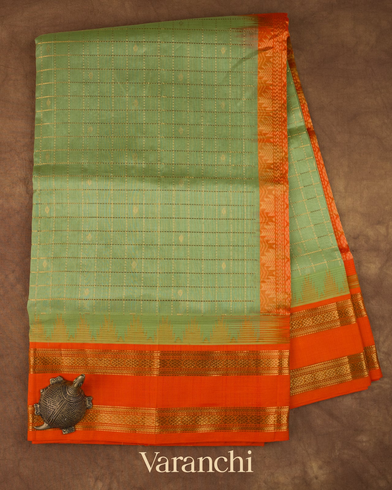 Pista Green Checkerd Pure Kanchipuram Silk Cotton Handloom Saree