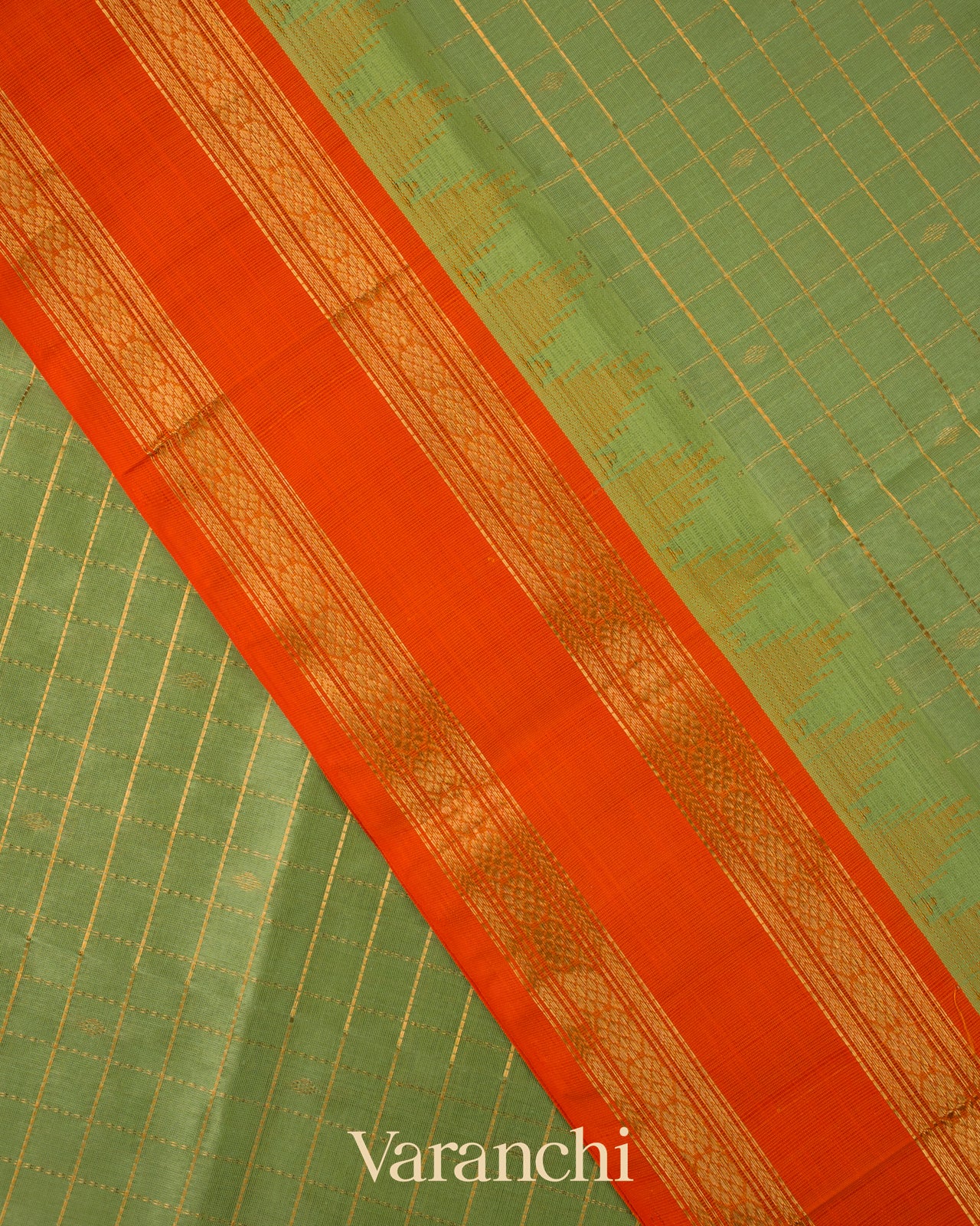 Pista Green Checkerd Pure Kanchipuram Silk Cotton Handloom Saree
