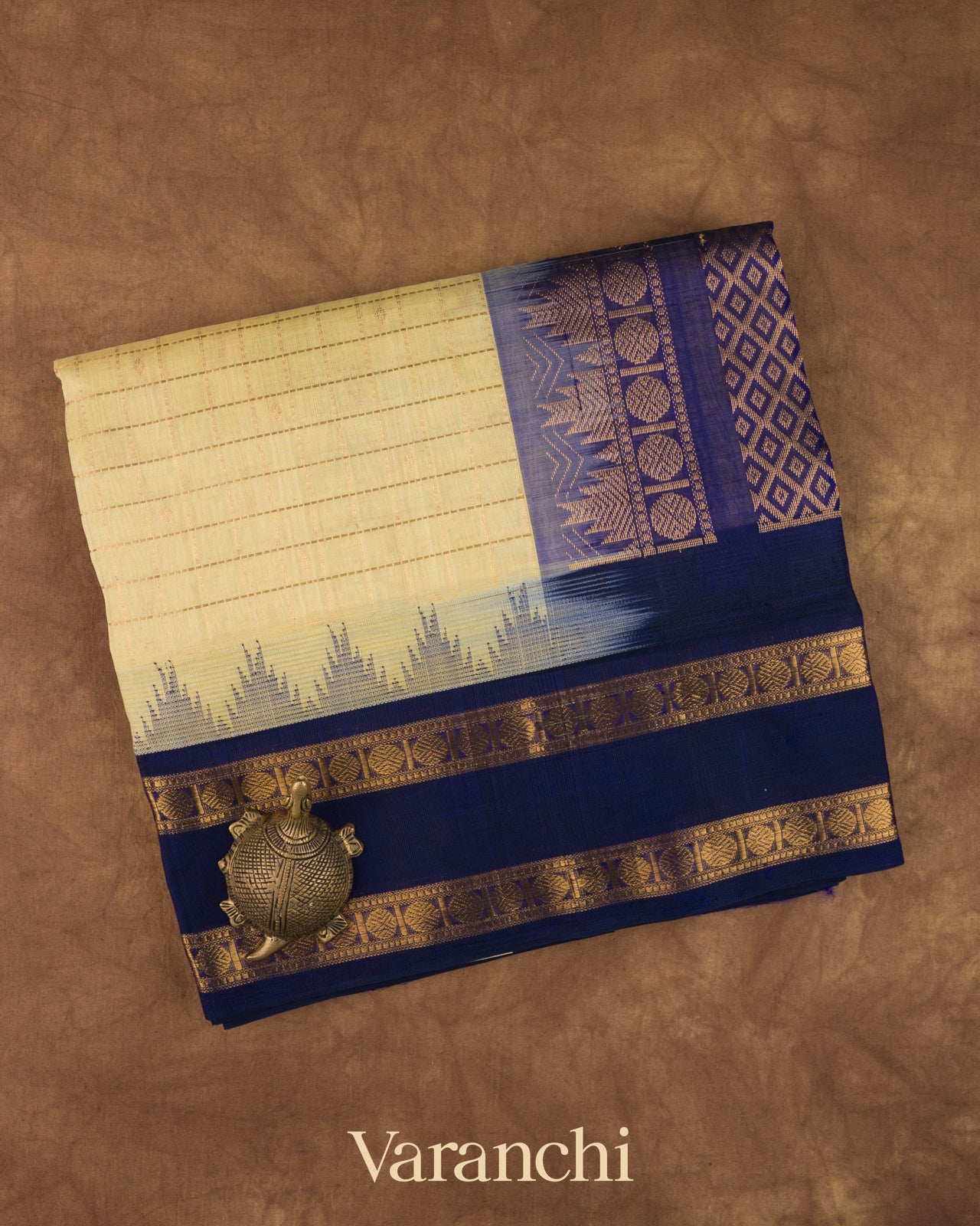 Ivory Checks Pure Kanchipuram Silk Cotton Handloom Saree