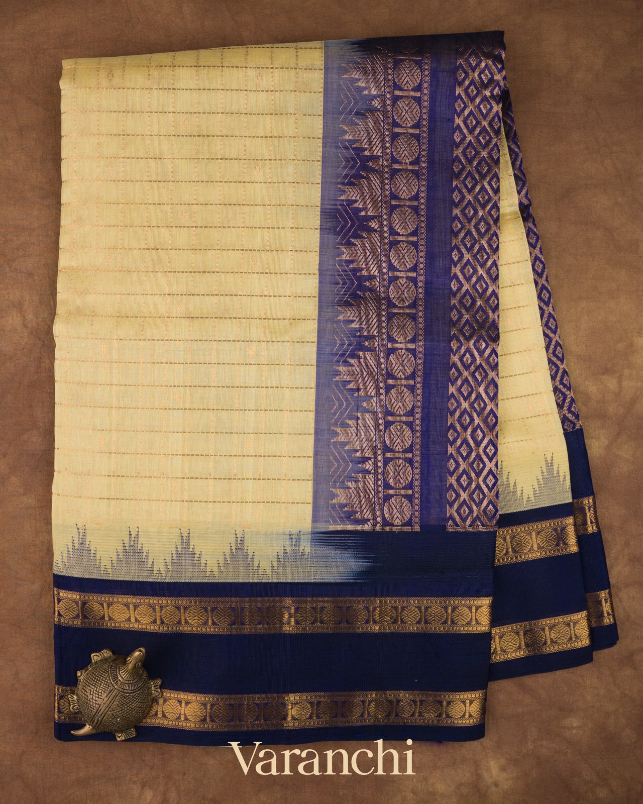 Ivory Checks Pure Kanchipuram Silk Cotton Handloom Saree
