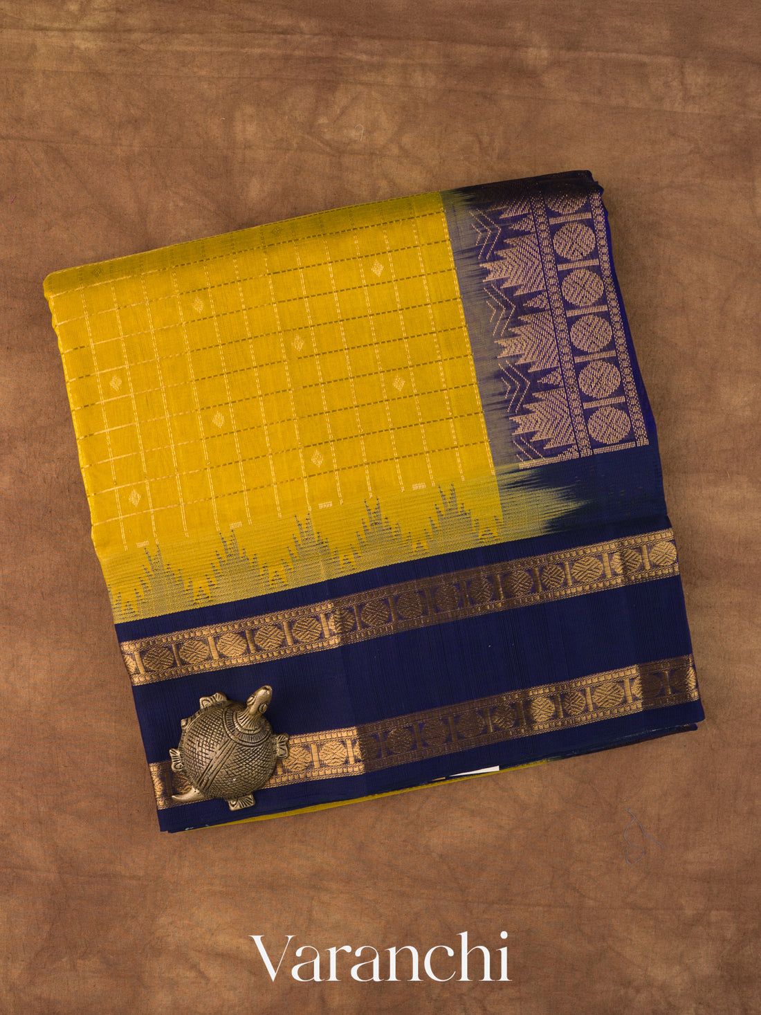 Olive Yellow Checkered Pure Kanchipuram Silk Cotton Handloom Saree 