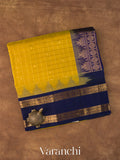 Olive Yellow Checkered Pure Kanchipuram Silk Cotton Handloom Saree 