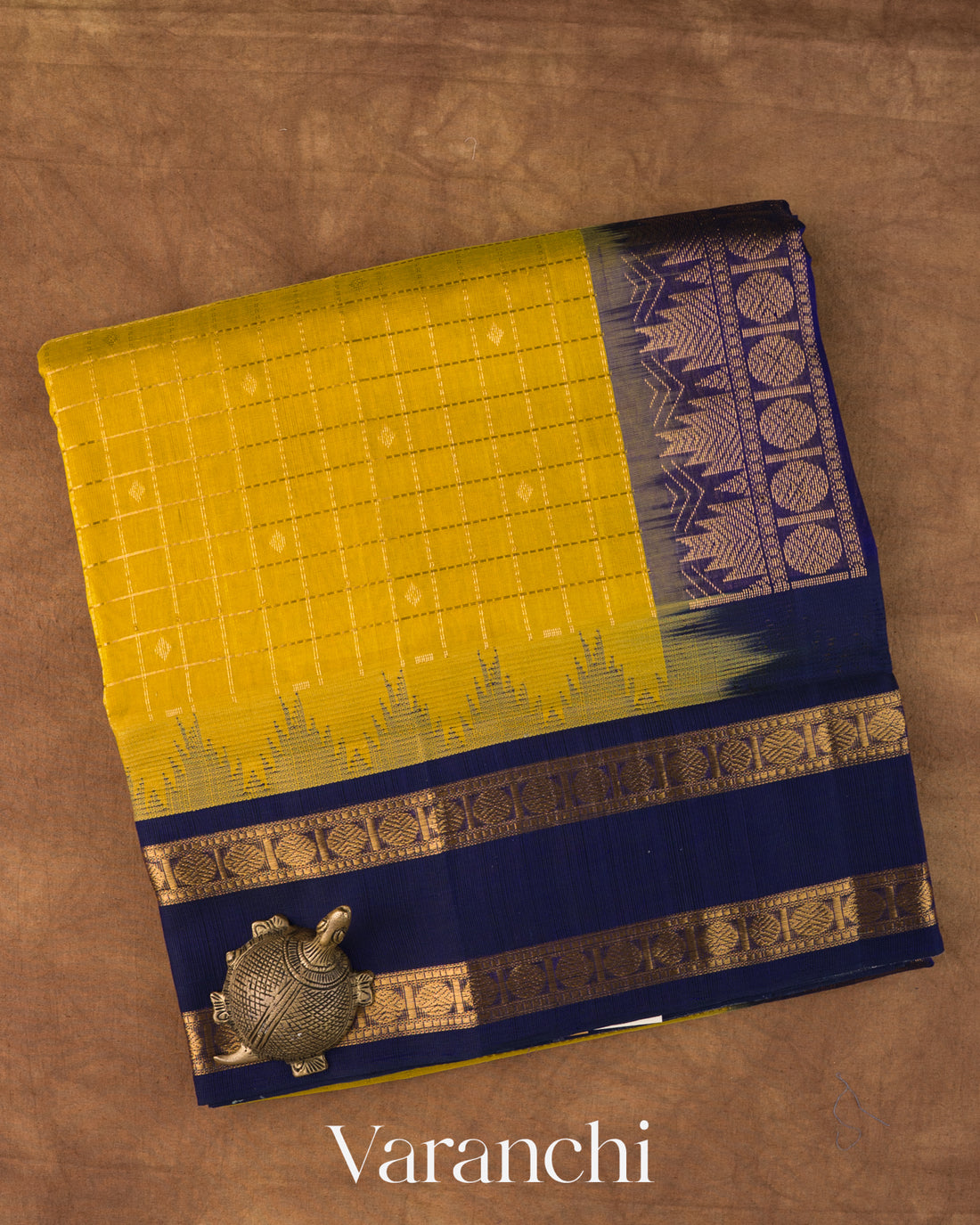Olive Yellow Checkered Pure Kanchipuram Silk Cotton Handloom Saree