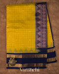 Olive Yellow Checkered Pure Kanchipuram Silk Cotton Handloom Saree 