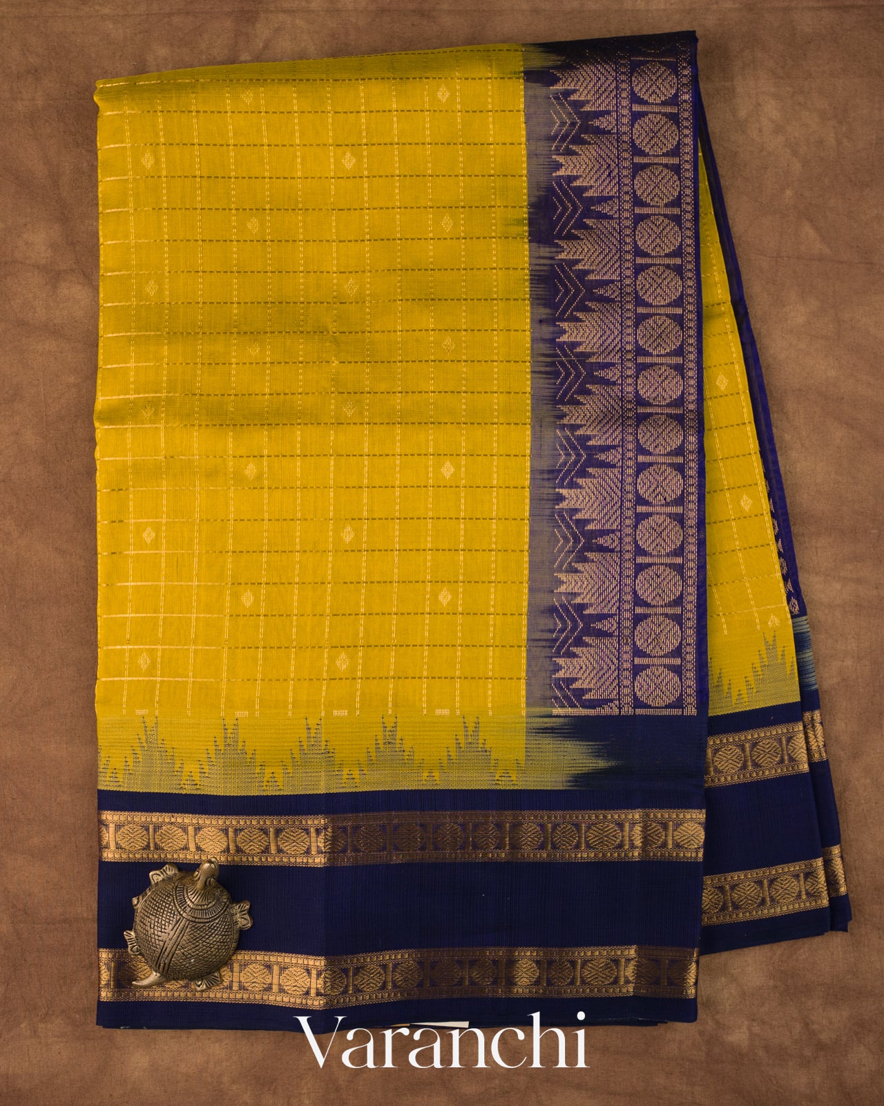Olive Yellow Checkered Pure Kanchipuram Silk Cotton Handloom Saree 