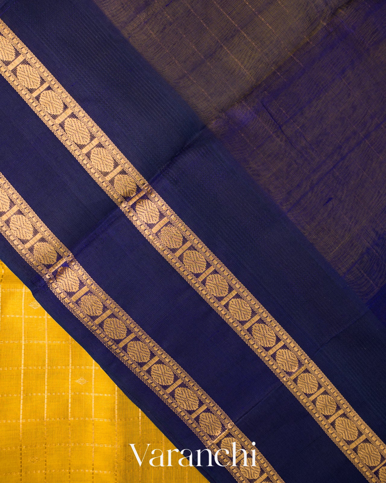 Olive Yellow Checkered Pure Kanchipuram Silk Cotton Handloom Saree 