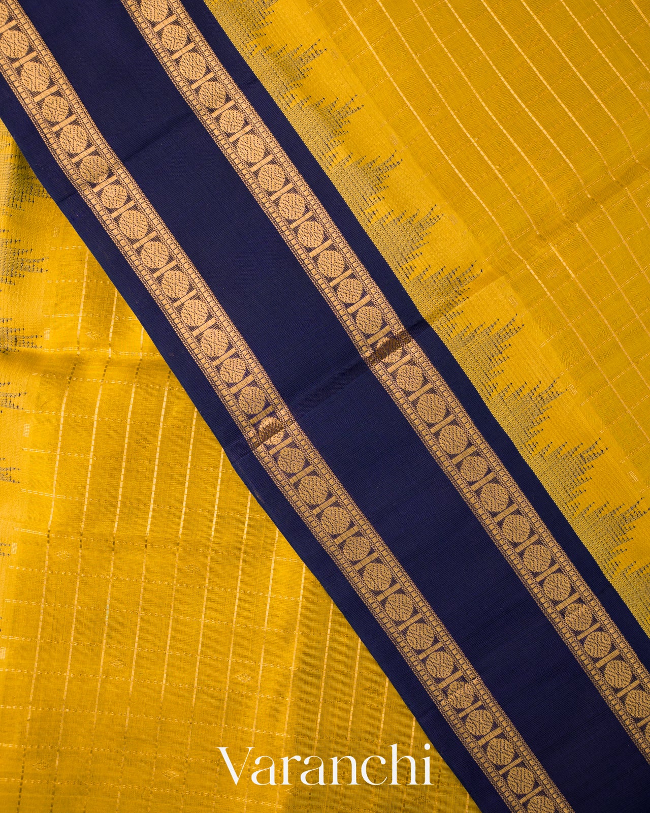 Olive Yellow Checkered Pure Kanchipuram Silk Cotton Handloom Saree 