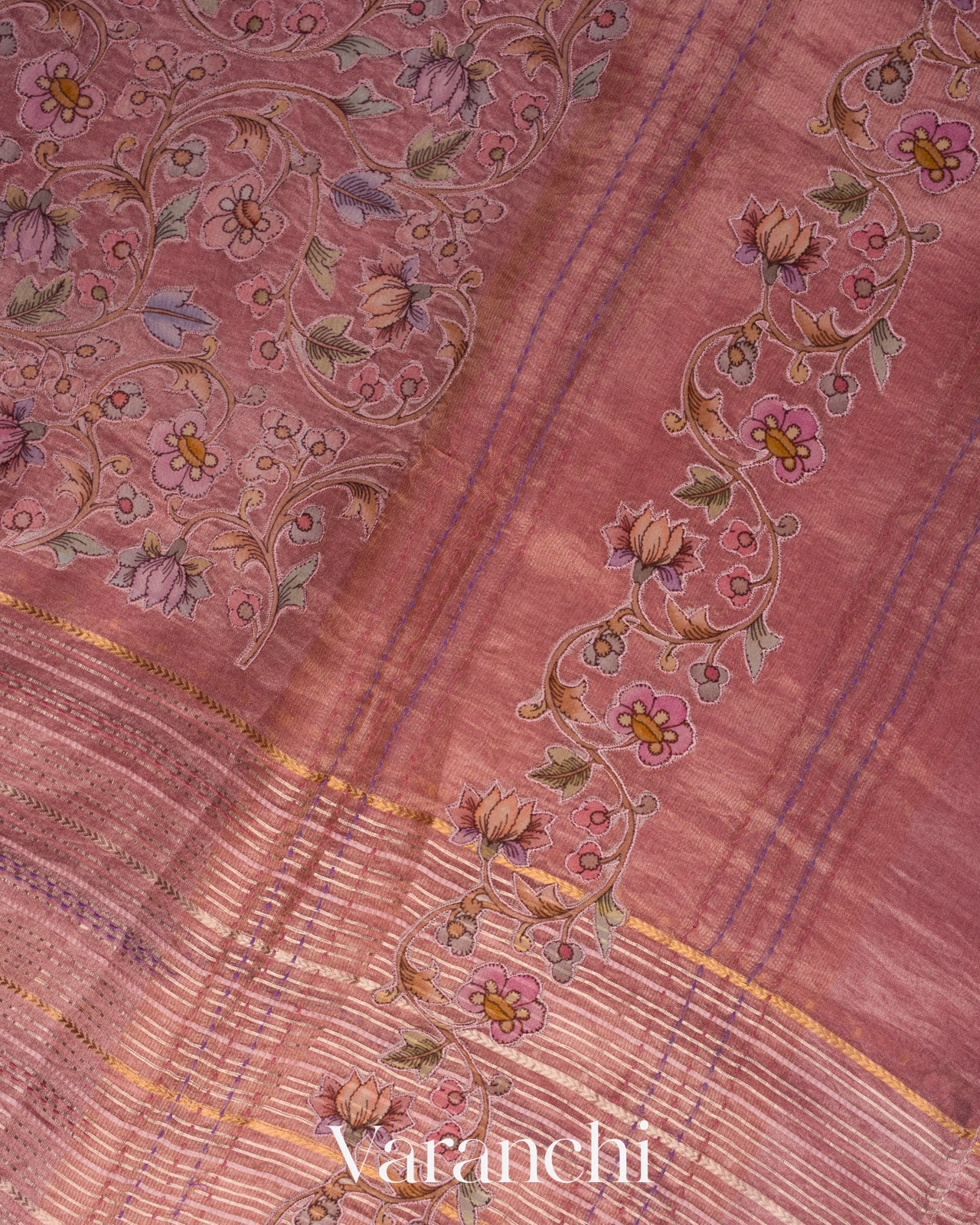 Onion Pink Striped and Tissue Applique Pure Kora Silk Saree