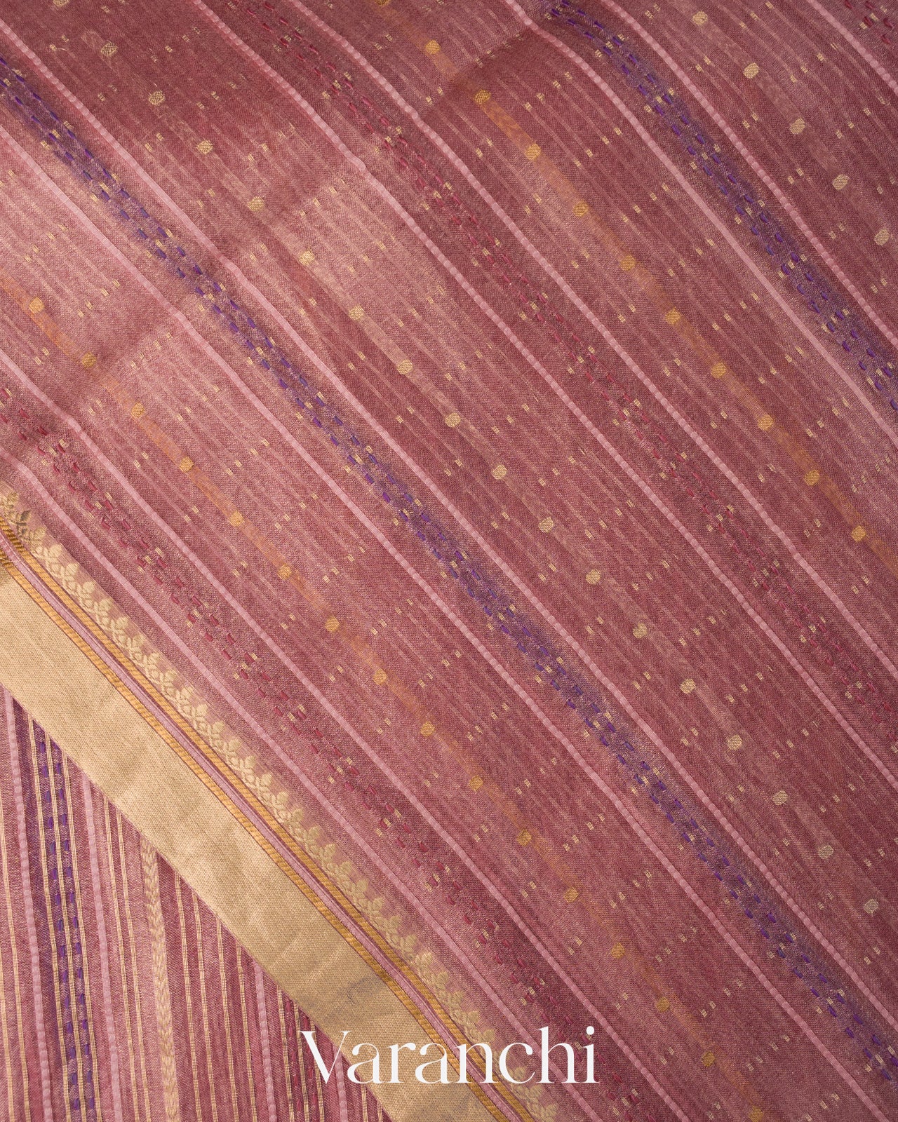 Onion Pink Striped and Tissue Applique Pure Kora Silk Saree