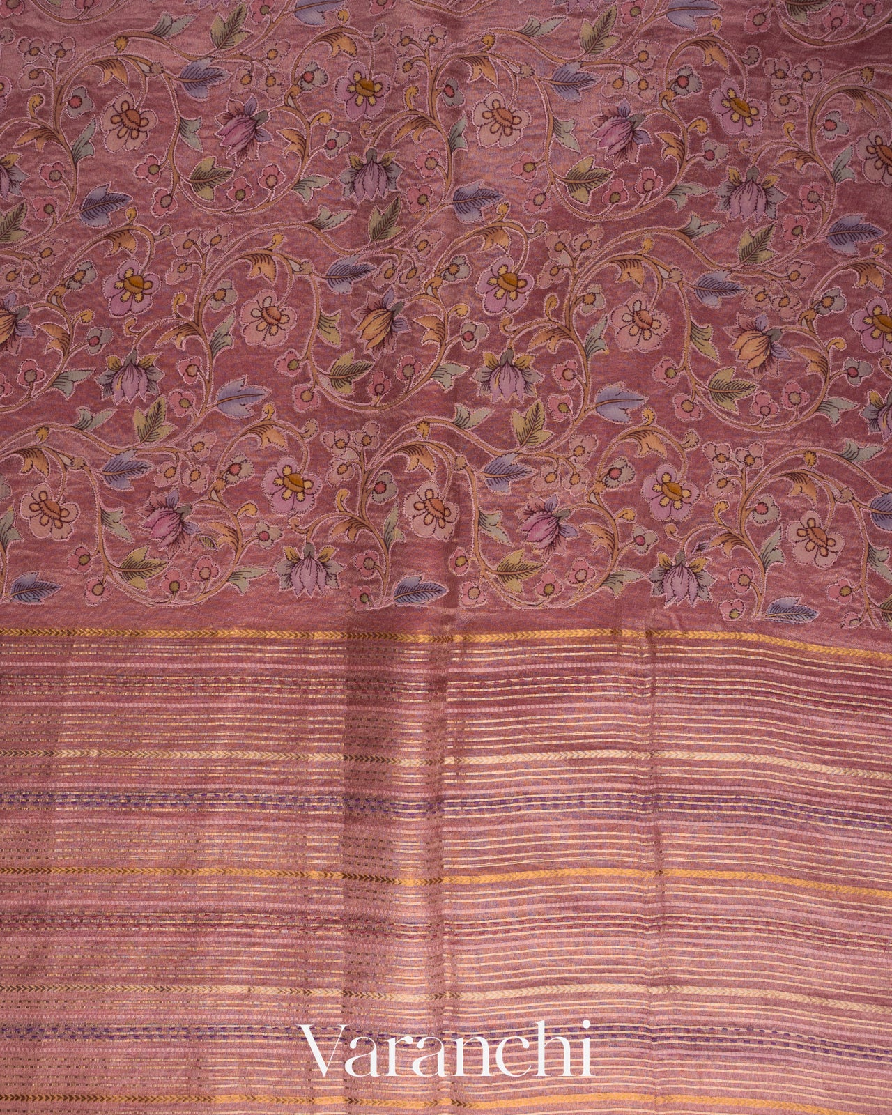 Onion Pink Striped and Tissue Applique Pure Kora Silk Saree
