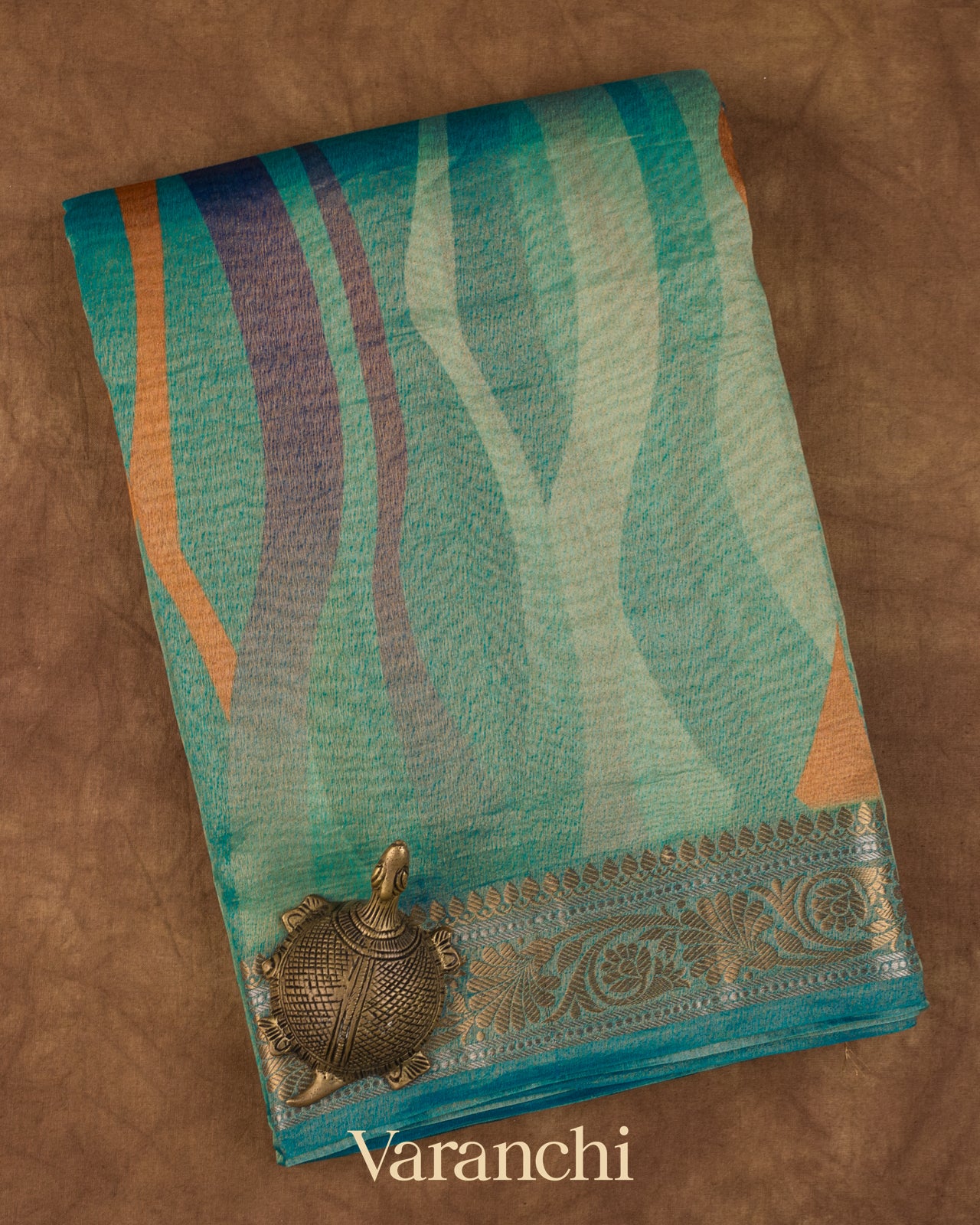 Teal Blue Digital Printed Pure Silk Cotton Tissue Saree 