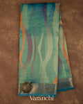 Teal Blue Digital Printed Pure Silk Cotton Tissue Saree 