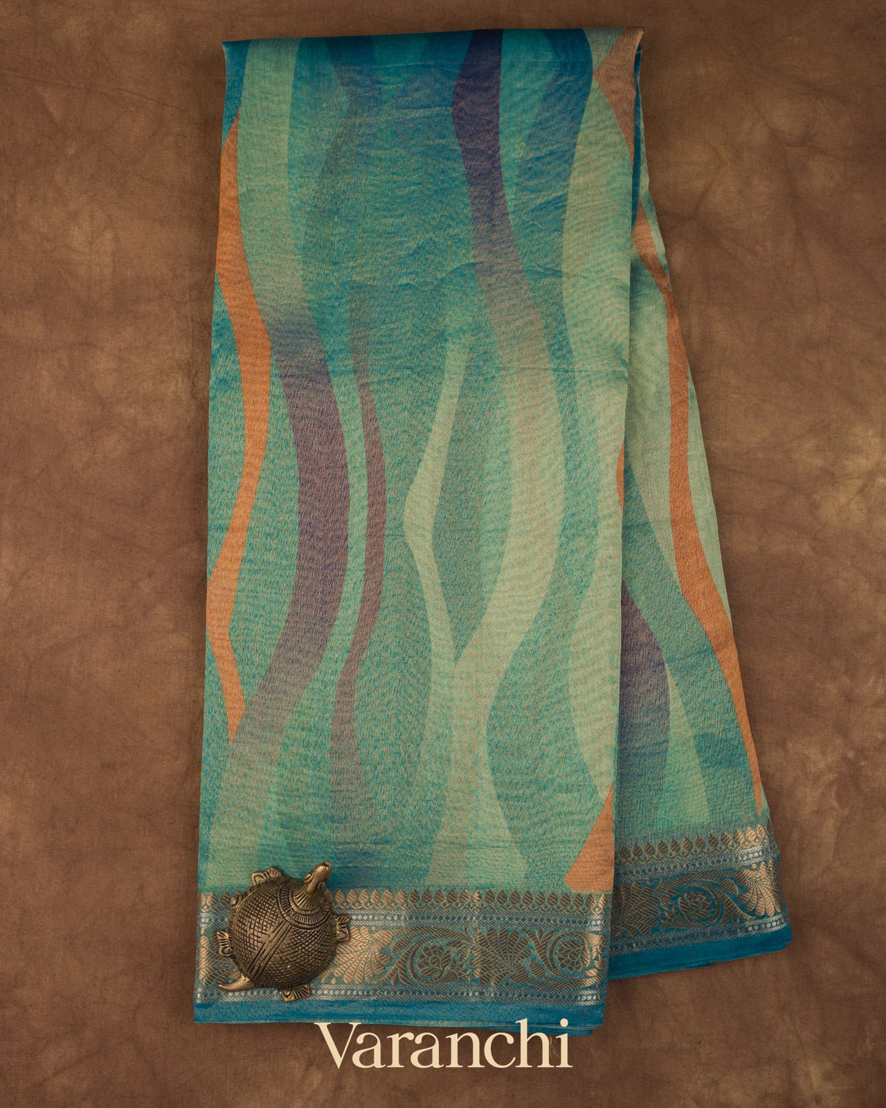 Teal Blue Digital Printed Pure Silk Cotton Tissue Saree 