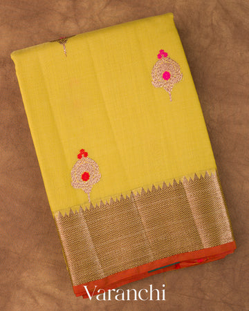 Olive Yellow Pure Chanderi Silk Cotton Handloom Saree 