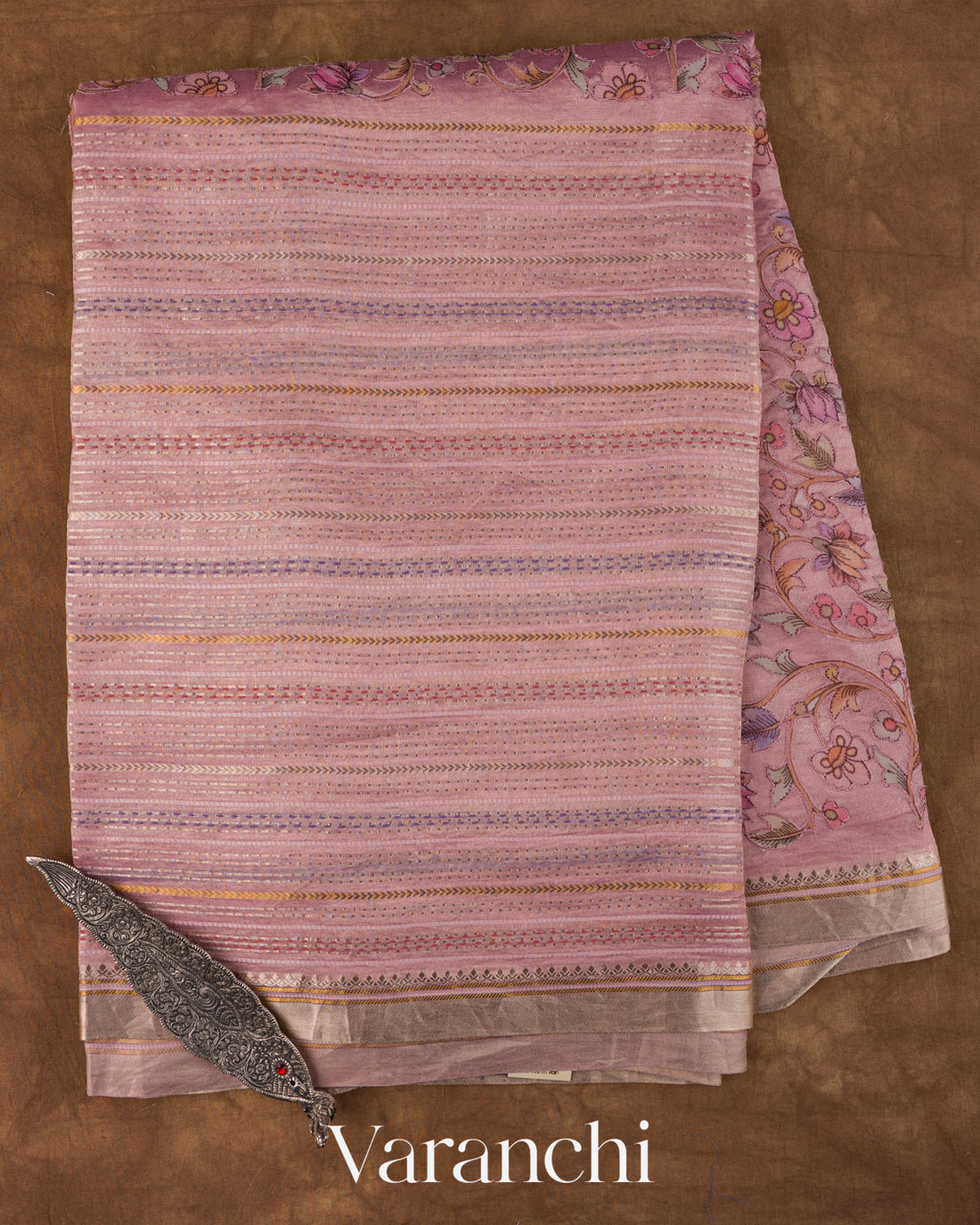 Baby Pink Striped and Tissue Applique Pure Kora Silk Saree